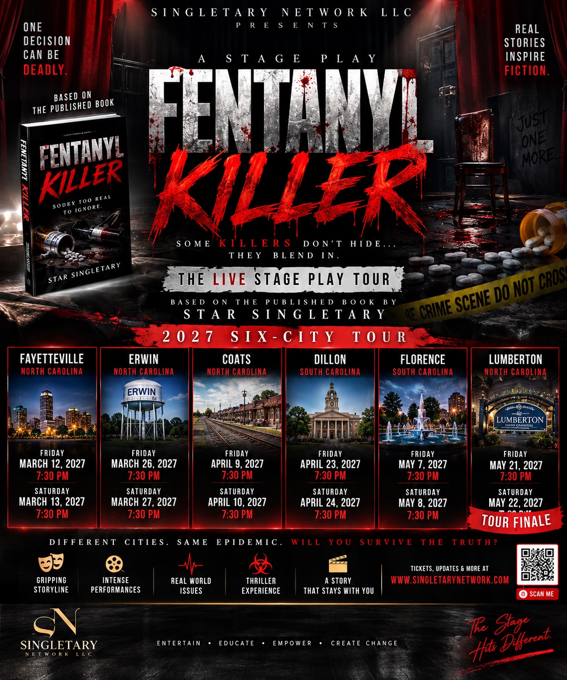 Fentanyl Killer 2027 six-city live stage play tour poster
